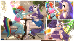 Size: 3840x2160 | Tagged: safe, artist:hooves-art, rainbow dash (mlp), rarity (mlp), equine, fictional species, mammal, pony, unicorn, anthro, plantigrade anthro, friendship is magic, hasbro, my little pony, 16:9, 3d, alternate hairstyle, anthrofied, armpits, belly button, big breasts, blue body, blue eyes, blue fur, boop, bottomwear, bread, breasts, cafe, chair, clothes, comic, commission, crying, cup, dialogue, drink, ear piercing, earring, english text, eyelashes, eyeshadow, feet, female, female/female, floppy ears, food, fur, glowing, glowing horn, hair, high heels, high res, horn, magic, makeup, midriff, multicolored hair, multicolored tail, nail polish, noseboop, outdoors, piercing, pink eyes, plant, pointing, ponytail, purple hair, purple tail, question mark, rainbow hair, raridash (mlp), sandals, sexy, shipping, shirt, shoes, shorts, skirt, smiling, source filmmaker, table, tail, talking, tank top, teacup, teapot, telekinesis, text, topwear, tree, wallpaper, white body, white fur