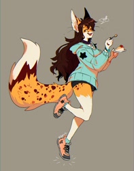 Size: 1009x1280 | Tagged: safe, artist:ayshun, oc, oc only, feline, mammal, anthro, plantigrade anthro, bell collar, bottomwear, clothes, collar, female, food, happy, heart, hoodie, looking at you, pie, shorts, smiling, sneakers, solo, solo female, topwear