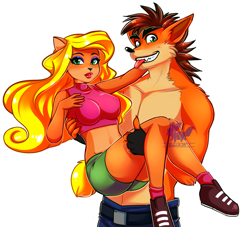Size: 1160x1051 | Tagged: safe, artist:sdark391, crash bandicoot (crash bandicoot), tawna bandicoot (crash bandicoot), bandicoot, mammal, marsupial, anthro, plantigrade anthro, crash bandicoot (series), big breasts, bottomwear, breasts, bridal carry, carrying, clothes, female, green eyes, grin, male, pants, partial nudity, shorts, smiling, sneakers, socks, tank top, tongue, tongue out, topless, topwear, watermark