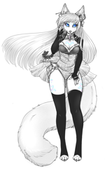 Size: 1055x1759 | Tagged: safe, artist:sdark391, oc, oc only, arctic fox, canine, fox, mammal, anthro, digitigrade anthro, blue eyes, breasts, cleavage, clothes, dress, ear piercing, earring, female, fingerless gloves, gloves, jewelry, legwear, leotard, looking at you, piercing, smiling, solo, solo female, stockings, toeless legwear, topwear, vixen