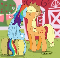 Size: 2216x2160 | Tagged: safe, artist:lowname, applejack (mlp), rainbow dash (mlp), earth pony, equine, fictional species, mammal, pegasus, pony, feral, friendship is magic, hasbro, my little pony, 2020, apple, apple tree, appledash (mlp), barn, clothes, duo, duo female, eyes closed, female, female/female, females only, feral/feral, food, freckles, fruit, hat, hay bale, high res, kissing, mare, outdoors, shipping, signature, sitting, tail, tree