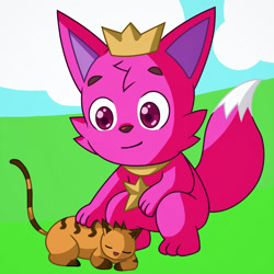 Size: 1600x1600 | Tagged: safe, artist:hougii, pinkfong (pinkfong), canine, cat, feline, fox, mammal, feral, semi-anthro, pinkfong, ambiguous gender, crown, duo, front view, fur, jewelry, male, pink body, pink fur, regalia, tail, three-quarter view