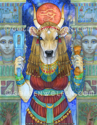 Size: 779x1000 | Tagged: safe, artist:goldenwolf, hathor, bovid, cattle, cow, mammal, anthro, 2020, ancient egypt, blonde hair, blue eyes, clothes, dress, ear piercing, earring, ears, fur, hair, horns, jewelry, looking at you, piercing, solo, standing, tan body, tan fur, traditional art