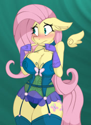 Size: 822x1122 | Tagged: suggestive, artist:lil miss jay, fluttershy (mlp), equine, fictional species, mammal, pegasus, pony, anthro, friendship is magic, hasbro, my little pony, 2018, adorasexy, anthrofied, big breasts, blushing, bra, breasts, cleavage, clothes, cute, cutie mark, ear fluff, embarrassed, eyelashes, feathered wings, feathers, female, fingerless gloves, floating wings, floppy ears, fluff, full service playing cards, fur, garters, gloves, green eyes, hair, legwear, lingerie, looking away, mare, nervous, panties, pink hair, pink tail, sexy, shy, solo, solo female, stockings, tail, thigh highs, thunder thighs, underwear, wings, yellow body, yellow fur