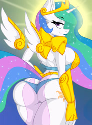 Size: 822x1122 | Tagged: suggestive, artist:lil miss jay, princess celestia (mlp), alicorn, equine, fictional species, mammal, pony, anthro, friendship is magic, hasbro, my little pony, 2018, anthrofied, armor, bedroom eyes, blue hair, bra, breasts, butt, clothes, crown, cutie mark, ear fluff, evening gloves, eyebrows, eyelashes, feathered wings, feathers, female, floating wings, fluff, full service playing cards, fur, gloves, green hair, hair, horn, jewelry, lipstick, loincloth, long gloves, long hair, long tail, looking at you, looking back, looking back at you, makeup, mare, multicolored hair, multicolored tail, panties, pink hair, purple eyes, raised eyebrow, regalia, sideboob, solo, solo female, sun, tail, thick thighs, thighs, unconvincing armor, underwear, white body, white fur, wings