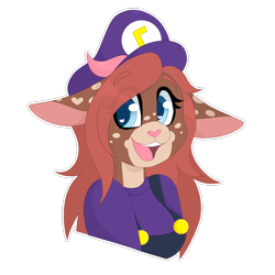 Size: 1600x1600 | Tagged: safe, artist:sleepysuika, waluigi (mario), oc, bovid, goat, mammal, anthro, mario (series), nintendo, bust, clothes, cosplay, cute, female, hat, heart, heart eyes, looking at you, ocbetes, plumber outfit, solo, solo female, wingding eyes