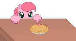 Size: 1192x651 | Tagged: safe, artist:muhammad yunus, aelita (code lyoko), earth pony, equine, fictional species, mammal, pony, feral, code lyoko, hasbro, my little pony, crossover, female, food, green eyes, hair, mare, my little pony (g2), pie, pink body, pink hair, simple background, solo, solo female, transparent background