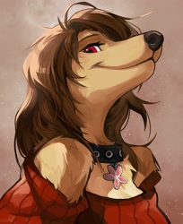 Size: 2037x2500 | Tagged: safe, artist:windwttom, canine, dog, mammal, anthro, 2021, black nose, breasts, brown hair, bust, collar, female, fluff, fur, hair, high res, looking at you, red clothes, red eyes, shoulder fluff, side view, solo, solo female, tan body, tan fur