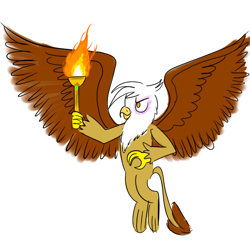 Size: 600x600 | Tagged: safe, artist:horsesplease, gilda (mlp), bird, feline, fictional species, gryphon, mammal, anthro, friendship is magic, hasbro, my little pony, anthrofied, feathered wings, feathers, female, fire, smirk, solo, solo female, torch, vozonid, wings