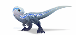 Size: 2000x909 | Tagged: safe, artist:dinkysaurusart, blue (jurassic world), dinosaur, raptor, theropod, velociraptor, feral, jurassic park, jurassic world, universal pictures, 2021, blue body, claws, cute, digital art, female, gray body, looking at you, scales, side view, signature, simple background, solo, solo female, tail, white background, white body, yellow eyes