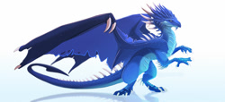 Size: 2000x909 | Tagged: safe, artist:dinkysaurusart, azure dragon (homm), dragon, fictional species, reptile, scaled dragon, western dragon, feral, heroes of might and magic, 2021, bipedal, blue scales, claws, digital art, fangs, featureless crotch, horns, long tail, reptile feet, scales, sharp teeth, side view, simple background, spread wings, tail, teeth, webbed wings, white background, wings