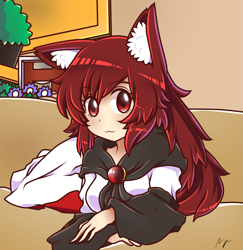 Size: 3565x3675 | Tagged: safe, artist:majormilk, kagerou imaizumi (touhou), animal humanoid, canine, fictional species, mammal, wolf, humanoid, touhou, 2018, :3, animal ears, breasts, clothes, cute, doge, dress, ear fluff, explicit source, eyebrow through hair, eyebrows, female, fluff, hair, high res, looking at you, meme, red eyes, red hair, smiling, solo, solo female