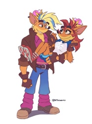 Size: 564x757 | Tagged: safe, artist:nitroneato, crash bandicoot (crash bandicoot), tawna bandicoot (crash bandicoot), bandicoot, mammal, marsupial, anthro, crash bandicoot (series), bottomwear, bridal carry, carrying, clothes, crashtawna (crash bandicoot), female, jeans, male, male/female, pants, rule 63, shipping, shirt, shorts, topwear