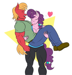 Size: 1024x1072 | Tagged: safe, artist:matchstickman87, big macintosh (mlp), sugar belle (mlp), earth pony, equine, fictional species, mammal, pony, unicorn, anthro, friendship is magic, hasbro, my little pony, anthrofied, bottomwear, bridal carry, carrying, clothes, female, jeans, male, male/female, muscles, muscular female, pants, shipping, sugarmac (mlp)