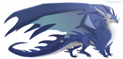 Size: 2000x970 | Tagged: safe, artist:dinkysaurusart, oc, oc only, dragon, fictional species, reptile, scaled dragon, western dragon, feral, 2021, ambiguous gender, big wings, blue body, blue scales, claws, digital art, horns, reptile feet, scales, side view, signature, solo, solo ambiguous, spines, spread wings, tail, webbed wings, white body, wings