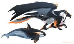 Size: 2000x1181 | Tagged: safe, artist:dinkysaurusart, oc, oc only, cetacean, dinosaur, dragon, feathered dragon, fictional species, hybrid, mammal, orca, raptor, theropod, feral, 2021, big wings, black body, black feathers, claws, digital art, duality, feathers, female, fins, fish tail, gray body, gray feathers, orange body, orange feathers, reptile feet, side view, signature, simple background, solo, solo female, tail, tail feathers, talons, webbed wings, white background, white body, wings