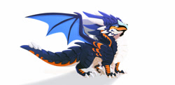 Size: 2000x971 | Tagged: safe, artist:dinkysaurusart, oc, oc only, oc:dinky (dinkysaurusart), dragon, fictional species, reptile, scaled dragon, western dragon, feral, spyro the dragon (series), 2021, alternate design, blue body, claws, digital art, dragoness, female, horns, orange body, reptile feet, scales, side view, simple background, smiling, solo, solo female, spread wings, standing, tail, webbed wings, white background, white body, wings, yellow eyes