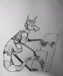 Size: 1600x1910 | Tagged: safe, artist:karintina, fictional species, yinglet, anthro, the out-of-placers, bottomwear, clothes, fork, monochrome, pencil, shirt, shorts, solo, topwear, traditional art