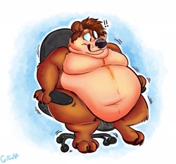Size: 2048x1918 | Tagged: suggestive, artist:curritos, oc, oc only, oc:morreski, bear, grizzly bear, mammal, anthro, abstract background, belly button, belly overhang, brown body, brown fur, brown hair, chair, commission, digital art, fat, fat fetish, fur, hair, hyper, male, morbidly obese, multicolored fur, obese, sitting, solo, solo male