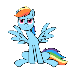Size: 500x500 | Tagged: safe, artist:whateverbender, part of a set, rainbow dash (mlp), equine, fictional species, mammal, pegasus, pony, feral, friendship is magic, hasbro, my little pony, 2d, 2d animation, animated, blinking, cute, feathered wings, feathers, female, gif, low res, mare, metronome, simple background, sitting, solo, solo female, tail, transparent background, unamused, wings