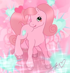 Size: 1406x1485 | Tagged: safe, artist:muhammad yunus, aelita (code lyoko), earth pony, equine, fictional species, mammal, pony, feral, code lyoko, hasbro, my little pony, base used, crossover, crystal heart, cute, cutie mark, female, green eyes, hair, heart, looking at you, medibang paint, my little pony (g2), open mouth, pink background, pink body, pink hair, simple background, solo, solo female