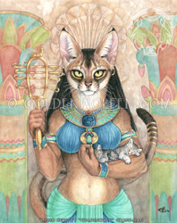 Size: 711x900 | Tagged: safe, artist:goldenwolf, bastet, cat, feline, mammal, anthro, feral, lifelike feral, 2016, amber eyes, ambiguous gender, ancient egypt, belly button, black hair, bracelet, brown body, brown fur, clothes, ear piercing, earring, ears, egyptian, female, female focus, front view, fur, group, hair, hand hold, holding, jewelry, kitten, looking at you, non-sapient, nose piercing, obtrusive watermark, piercing, realistic, signature, sleeping, slit pupils, solo focus, standing, tail, tail jewelry, tail ring, traditional art, trio, watermark, young