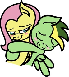 Size: 640x720 | Tagged: safe, artist:mrstheartist, fluttershy (mlp), canon x oc, oc, oc:didgeree, equine, fictional species, mammal, pegasus, pony, feral, friendship is magic, hasbro, my little pony, blushing, cuddle, duo, female, hug, male, shipping