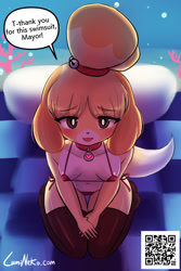 Size: 750x1125 | Tagged: suggestive, artist:lumineko, isabelle (animal crossing), canine, dog, mammal, shih tzu, anthro, animal crossing, nintendo, 2021, belly button, bikini, black nose, breasts, clothes, collar, dialogue, ears, eyelashes, female, fur, hair, kneeling, legwear, micro bikini, open mouth, solo, solo female, speech bubble, stockings, swimsuit, tail, talking, text, thighs