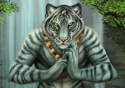 Size: 824x584 | Tagged: safe, alternate version, artist:rukis, big cat, feline, mammal, tiger, anthro, digitigrade anthro, 2011, belly button, black body, black fur, bust, close-up, cropped, digital art, digital painting, front view, fur, gray body, gray fur, jewelry, looking at you, male, necklace, outdoors, partially submerged, paws, pink nose, sitting, solo, solo male, striped fur, tree, water, waterfall, yellow eyes, yin yang