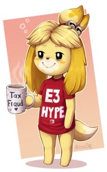 Size: 799x1280 | Tagged: safe, artist:evomanaphy, isabelle (animal crossing), canine, dog, mammal, shih tzu, anthro, animal crossing, nintendo, clothes, coffee, drink, female, shirt, smiling, solo, solo female, tax fraud, tired, topwear