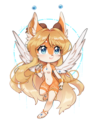 Size: 964x1236 | Tagged: safe, artist:ayshun, oc, oc only, canine, fox, mammal, anthro, barbie doll anatomy, blue eyes, breasts, chain, chibi, crying, feathered wings, feathers, featureless breasts, featureless crotch, female, jewelry, nudity, solo, solo female, spread wings, vixen, wings