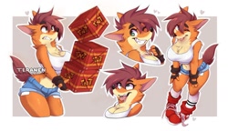 Size: 1588x915 | Tagged: suggestive, artist:teranen, crash bandicoot (crash bandicoot), bandicoot, mammal, marsupial, anthro, crash bandicoot (series), belly button, big breasts, blep, boots, border, bottomwear, breasts, brown hair, brown tail, clothes, crate, ears, explosives, eyebrows, eyelashes, female, fingerless gloves, fur, gloves, green eyes, hair, heart, jeans, looking at you, love heart, multicolored fur, one eye closed, open mouth, orange body, orange fur, pants, rule 63, salivating, shoes, shorts, simple background, sneakers, socks, solo, solo female, tail, tank top, tnt, tnt (crash bandicoot), tongue, tongue out, topwear, two toned body, two toned fur, white border, winking