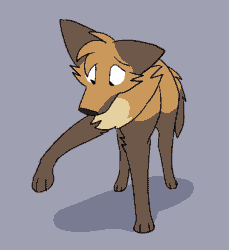 Size: 623x679 | Tagged: safe, artist:theroguez, oc, oc only, oc:rayj (theroguez), canine, coydog, coyote, dog, hybrid, mammal, feral, 2021, 2d, 2d animation, animated, brown body, brown fur, cheek fluff, chest fluff, cream body, cream fur, female, fluff, frame by frame, front view, fur, gif, head fluff, injured, loop, paws, raised leg, simple background, solo, solo female, standing, tail