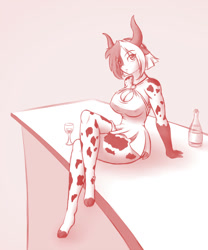 Size: 850x1024 | Tagged: safe, artist:scorpdk, alejandra coldthorn (las lindas), bovid, cattle, cow, mammal, anthro, unguligrade anthro, las lindas, alcohol, big breasts, bottle, breasts, cleavage, clothes, crossed legs, dress, drink, female, glass, hooves, looking at you, nipple outline, sketch, solo, solo female