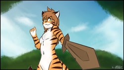 Size: 1280x727 | Tagged: safe, artist:fironmaplez, flora (twokinds), big cat, feline, mammal, tiger, anthro, twokinds, 2020, breasts, featureless breasts, female, looking at you, looking down, nudity, smiling, solo, solo female, sword, weapon, yellow eyes