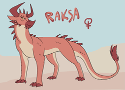Size: 1125x814 | Tagged: safe, artist:theroguez, oc, oc only, oc:raksa (theroguez), dragon, fictional species, reptile, scaled dragon, wingless dragon, feral, 2018, brown body, character name, cream body, digital art, female, female symbol, gender symbol, horns, pink body, reference sheet, side view, solo, solo female, spines, standing, tail