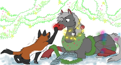 Size: 699x376 | Tagged: safe, artist:theroguez, oc, oc:rayj (theroguez), canine, coydog, coyote, dog, equine, horse, hybrid, mammal, feral, 2013, ambiguous gender, black body, black fur, chest fluff, christmas, christmas ball, digital art, duo, eyebrow through hair, eyebrows, female, fluff, fur, garland, gray body, gray fur, gray hair, hair, holiday, hooves, lying down, orange body, orange fur, paw pads, paws, prone, prosthetic leg, prosthetics, red body, red fur, red nose, smiling, tail, underpaw, unshorn fetlocks, white body, white fur