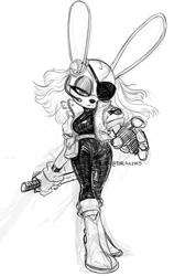 Size: 606x900 | Tagged: safe, artist:tealfuleyes, oc, oc only, lagomorph, mammal, rabbit, anthro, plantigrade anthro, boots, clothes, eyepatch, female, gloves, jacket, lidded eyes, looking at you, pangs, shoes, sketch, solo, solo female, sword, topwear, weapon