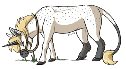 Size: 1000x550 | Tagged: safe, artist:royalty, oc, oc only, oc:kipper opium, donkey, donkeycorn, equine, fictional species, mammal, feral, 2013, :t, digital art, ear piercing, earring, fur, grass, gray body, gray fur, grazing, hair, halter, hooves, horn, male, mane, piercing, reins, side view, signature, simple background, solo, solo male, spotted fur, tack, tail, transparent background, white body, white fur, yellow hair