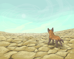 Size: 1000x800 | Tagged: safe, artist:theroguez, oc, oc only, oc:rayj (theroguez), canine, coydog, coyote, dog, hybrid, mammal, feral, 2013, brown body, brown fur, cheek fluff, cracked soil, desert, digital art, female, fluff, fur, head fluff, neck fluff, outdoors, rear view, solo, solo female, standing, tail, three-quarter view