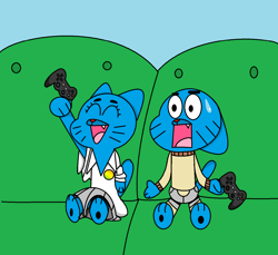Size: 1448x1328 | Tagged: safe, artist:megamson1, gumball watterson (tawog), nicole watterson (tawog), cat, feline, mammal, anthro, cartoon network, the amazing world of gumball, age regression, duo, duo male and female, female, male, mother, mother and child, mother and son, son