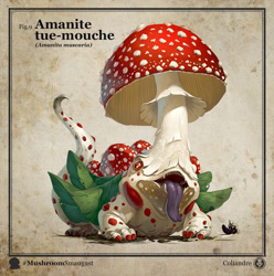 Size: 842x850 | Tagged: safe, artist:coliandre, animate fungus, dragon, fictional species, hybrid, feral, amanita muscaria, ambiguous gender, mushroom, tongue, tongue out