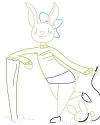 Size: 753x943 | Tagged: safe, artist:weaver, lagomorph, mammal, rabbit, anthro, feral, undertale, :3, blush sticker, bottomwear, bow, brother, brother and sister, bunbun (undertale), cinnamon (undertale), clothes, dot eyes, duo, female, holding object, leaning, leash, lifted leg, looking at you, male, outdoors, siblings, simple background, sister, skirt, smiling, snow, sweater, tail, topwear, white background