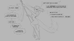 Size: 1344x756 | Tagged: suggestive, artist:watsup, fictional species, yinglet, anthro, the out-of-placers, 2019, breasts, ear piercing, earring, female, fluff, monochrome, nudity, piercing, solo, solo female, spear, speech bubble, thought bubble, weapon