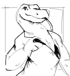 Size: 479x515 | Tagged: suggestive, artist:breakersunny, komodo dragon, lizard, monitor lizard, reptile, anthro, bikini, bikini top, black and white, breast grab, breasts, clothes, female, forked tongue, grayscale, hand on breast, long tongue, looking at you, low res, monochrome, self grope, smiling, solo, solo female, swimsuit, tongue, tongue out