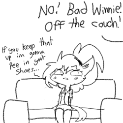 Size: 1280x1280 | Tagged: safe, artist:tjpones, winnie werewolf (scooby-doo), canine, fictional species, mammal, werewolf, anthro, hanna-barbera, scooby-doo (franchise), scooby-doo and the ghoul school, black and white, blushing, bottomwear, chest fluff, clothes, couch, dialogue, female, fluff, grayscale, hair, monochrome, offscreen character, open mouth, shirt, shorts, sitting, slit pupils, solo, solo female, tail, talking, topwear, yelling