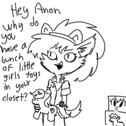 Size: 1280x1280 | Tagged: safe, artist:tjpones, winnie werewolf (scooby-doo), canine, equine, fictional species, mammal, pony, unicorn, werewolf, anthro, feral, hanna-barbera, hasbro, my little pony, scooby-doo (franchise), scooby-doo and the ghoul school, black and white, bottomwear, cheek fluff, chest fluff, clothes, dialogue, fangs, female, fluff, grayscale, hair, holding object, indoors, monochrome, open mouth, sharp teeth, shirt, simple background, slit pupils, smiling, solo, solo female, tail, talking, teeth, topwear, toy, white background