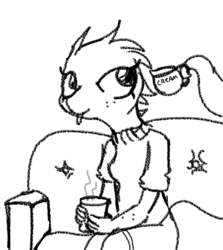 Size: 1280x1438 | Tagged: safe, artist:tjpones, lizard, reptile, anthro, arm freckles, black and white, bottomwear, clothes, couch, cream, cup, drink, duo, female, freckles, grayscale, indoors, monochrome, offscreen character, shirt, shorts, sitting, solo focus, steam, tail, tea, tentacles, text, tongue, tongue out, topwear