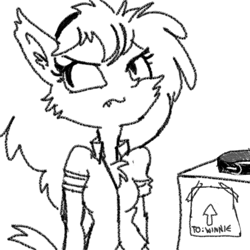 Size: 1280x1280 | Tagged: safe, artist:tjpones, winnie werewolf (scooby-doo), canine, fictional species, mammal, werewolf, anthro, hanna-barbera, scooby-doo (franchise), scooby-doo and the ghoul school, black and white, cheek fluff, chest fluff, clothes, collar, female, fluff, grayscale, hair, monochrome, rolling eyes, shirt, sign, solo, solo female, tail, text, topwear, unamused