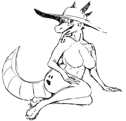 Size: 816x786 | Tagged: suggestive, artist:breakersunny, dragon, fictional species, anthro, belly button, black and white, blushing, breasts, claws, clothes, dragoness, featureless breasts, female, forked tongue, grayscale, hat, looking at you, monochrome, nudity, open mouth, sharp teeth, simple background, sitting, solo, solo female, spikes, sun hat, tail, teeth, tongue, tongue out, white background